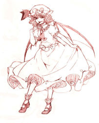 Rule 34 | 1girl, bat wings, blood, curtsey, dress, eyelashes, female focus, finger to mouth, frills, full body, image sample, kirara24, mary janes, monochrome, pixiv sample, remilia scarlet, shoes, short hair, sketch, smile, smirk, socks, solo, standing, touhou, traditional media, white background, wings