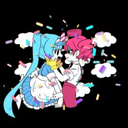 Rule 34 | 2girls, black background, black eyes, blue dress, blue hair, blue hat, bow, cloud, commentary, confetti, cowboy shot, dress, drill hair, gloves, hair bow, hands on another&#039;s face, hat, hat bow, hatsune miku, highres, kasane teto, long hair, mesmerizer (vocaloid), multiple girls, nervous, pants, pink hair, pink pants, poppu usagi, puffy short sleeves, puffy sleeves, shaded face, shirt, short sleeves, sweat, twin drills, twintails, utau, very long hair, visor cap, vocaloid, yellow gloves