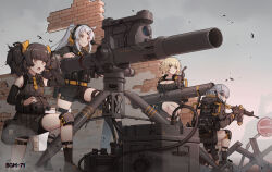 Rule 34 | 4girls, anti-tank missile, assault rifle, bgm-71 (girls&#039; frontline), bgm-71 tow, binoculars, black gloves, black sweater, blonde hair, breasts, brick wall, broken wall, brown eyes, brown hair, brown jacket, brown shirt, brown shorts, brown skirt, buckle, cable, character name, chestnut mouth, cleavage, cleavage cutout, clothing cutout, czech hedgehog, detached sleeves, fingerless gloves, girls&#039; frontline, gloves, grin, gun, hair ornament, hairclip, hand on own ear, handgun, headset, highres, holding, holding binoculars, holding gun, holding weapon, holster, holstered, jacket, knee pads, large breasts, long hair, m4 carbine, medium breasts, military operator, missile, multiple girls, necktie, official art, on one knee, open mouth, pleated skirt, ponytail, pouch, reloading, ribbed sweater, rifle, road sign, shirt, shoes, short hair, short necktie, shorts, sign, skirt, sleeveless, sleeveless shirt, smile, snap-fit buckle, socks, sweater, tactical clothes, terras, thigh holster, tow atgm, trigger discipline, tripod, twintails, weapon, white hair, yellow necktie