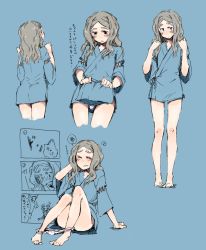 Rule 34 | 1girl, arm support, bare legs, barefoot, blue eyes, blush, brown hair, chibikko (morihito), closed eyes, comic, crotch, eyebrows, from behind, from below, japanese clothes, legs, long hair, looking at viewer, looking back, looking down, morihito, open mouth, original, panties, panties around ankles, panty pull, pantyshot, simple background, sitting, sketch, standing, thick eyebrows, thigh gap, thighs, underwear, wavy hair, wavy mouth