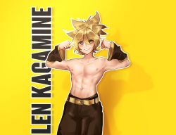 Rule 34 | 1boy, abs, belt, biceps, black pants, black sleeves, blonde hair, blue eyes, blush, character name, commentary, cowboy shot, detached sleeves, double biceps pose, ei flow, english commentary, english text, flexing, grin, hands up, highres, kagamine len, looking at viewer, male focus, muscular, pants, pectorals, shadow, short hair, shoulder tattoo, smile, spiked hair, standing, tattoo, topless male, vocaloid, yellow background