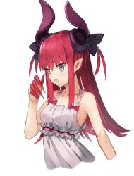 Rule 34 | 1girl, :d, bad id, bad pixiv id, bare arms, bare shoulders, black ribbon, blue eyes, breasts, claws, collarbone, commentary request, cropped arms, cropped torso, curled horns, dragon horns, dress, elizabeth bathory (fate), elizabeth bathory (fate/extra ccc), fang, fate/extra, fate/extra ccc, fate (series), hair between eyes, hair ribbon, hand up, horns, long hair, looking at viewer, medium breasts, nail polish, open mouth, pink hair, pointy ears, red nails, ribbon, sideboob, sidelocks, skin fang, smile, solo, spaghetti strap, suminagashi, two side up, upper body, v-shaped eyebrows, white dress