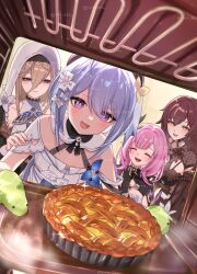 Rule 34 | 4girls, aponia (honkai impact), arin (1010 ssu), baking sheet, blue hair, brown hair, closed eyes, commission, commissioner upload, eden (honkai impact), elysia (honkai impact), elysia (miss pink elf) (honkai impact), food, grey hair, griseo, griseo (starry impression), highres, holding, holding tray, honkai (series), honkai impact 3rd, microwave, multiple girls, nun, open mouth, oven, oven mitts, pie, pink hair, roena, second-party source, short hair, tray