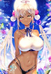 Rule 34 | 1girl, absurdres, bare shoulders, beach, blonde hair, blue ribbon, blush, breasts, collarbone, dark-skinned female, dark skin, day, hair ornament, highres, holocouncil, hololive, hololive english, large breasts, light brown hair, limiter (tsukumo sana), long hair, looking at viewer, navel, outdoors, planet, planet hair ornament, ribbon, sidelocks, smile, solo, sowon, swimsuit, tsukumo sana, twintails, twitter username, very long hair, virtual youtuber, yellow eyes