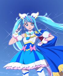 Rule 34 | 1girl, blue cape, blue dress, blue eyes, blue hair, blue sky, bow, brooch, cape, clear sky, commentary, cowboy shot, cure sky, cut bangs, detached sleeves, dress, dress bow, earrings, fingerless gloves, frilled dress, frills, fringe trim, gloves, gradient hair, hirogaru sky! precure, holding, holding cape, holding clothes, jewelry, long hair, looking at viewer, magical girl, moritakusan, multicolored hair, open mouth, pink bow, pink hair, precure, puffy detached sleeves, puffy sleeves, red cape, salute, short dress, single sidelock, sky, sleeveless, sleeveless dress, smile, solo, sora harewataru, sparkle, standing, streaked hair, thighhighs, twintails, two-finger salute, two-sided cape, two-sided fabric, two-tone dress, two-tone hair, very long hair, white dress, white gloves, white thighhighs, wing brooch, wing hair ornament