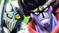 Rule 34 | 2boys, armor, black hair, blue eyes, face, gradient background, grin, jojo no kimyou na bouken, looking at viewer, male focus, multiple boys, no ears, no humans, nose, rapier, scarf, shoulder pads, silver chariot, smile, stand (jojo), star platinum, sword, weapon, yellow eyes