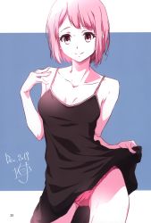 Rule 34 | 1girl, 2019, absurdres, black dress, blue background, border, breasts, cleavage, closed mouth, clothes lift, collarbone, dated, dress, dress lift, highres, letterboxed, lifting own clothes, looking at viewer, nii manabu, original, page number, panties, pink eyes, pink hair, pink panties, short hair, signature, sleeveless, sleeveless dress, small breasts, smile, solo, spaghetti strap, split mouth, underwear, white border
