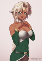 1girl, aisha clanclan, animal ears, bare shoulders, breasts, choker, cleavage, collarbone, commentary request, dark skin, dark skinned female, eyebrows visible through hair, green eyes, headband, highres, large breasts, looking at viewer, open mouth, outlaw star, patreon username, pink background, putcher, short hair, simple background, solo, thick eyebrows, white choker, white hair, yellow headband