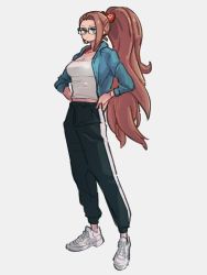 Rule 34 | 1girl, alternate costume, alternate hairstyle, android 21, black pants, blue eyes, blue jacket, dragon ball, dragon ball fighterz, full body, glasses, grey background, hands on own hips, jacket, kemachiku, looking at viewer, open clothes, open jacket, pants, ponytail, red hair, red ribbon army, shirt, shoes, simple background, sneakers, solo, white background, white shirt