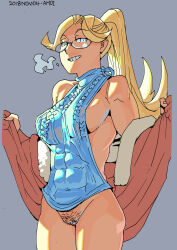 Rule 34 | 1girl, 2018, abs, ac120, bare shoulders, blonde hair, blue eyes, bottomless, breasts, covered navel, cowboy shot, dated, feet out of frame, female focus, female pubic hair, glasses, grey background, groin, high ponytail, highres, jacket, large breasts, long hair, looking at viewer, meme attire, no bra, open clothes, open jacket, original, parted lips, pubic hair, pussy, sideboob, simple background, sleeveless, smile, solo, standing, teeth, thighs, virgin killer sweater