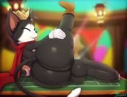 Rule 34 | 1boy, :p, absurdres, animal ears, ass, boots, cait sith (ff7), cape, casino, cat boy, cat ears, cat tail, closed eyes, crown, erection, final fantasy, final fantasy vii, foreskin, from behind, furry, gloves, highres, huge ass, huge penis, huge testicles, indoors, leg up, looking at viewer, looking back, lying, male focus, miso souperstar, nude, on side, penis, phimosis, presenting, smile, table, tail, testicles, thick thighs, thighs, tongue, tongue out, uncensored, wide hips