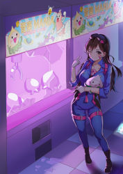 Rule 34 | 1girl, ;), alternate costume, animal print, arcade, arcade cabinet, backlighting, black footwear, bodysuit, boots, breasts, broken glass, brown eyes, brown hair, checkered floor, collarbone, crane game, d.va (overwatch), facepaint, facial mark, full body, glass, gloves, goggles, goggles on head, hand up, holding, indoors, jumpsuit, long hair, looking at viewer, matching hair/eyes, medium breasts, o-yatsu, one eye closed, overwatch, overwatch 1, pachimari, rabbit print, sleeves rolled up, smile, solo, standing, stuffed animal, stuffed octopus, stuffed toy, swept bangs, theft, thigh strap, tile floor, tiles, whisker markings, white gloves
