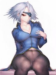 Rule 34 | 1girl, arm behind back, breasts, cleavage, collarbone, commentary request, covered navel, covered erect nipples, eyepatch, final fantasy, final fantasy viii, fumio (rsqkr), fuujin (ff8), highres, jacket, large breasts, looking at viewer, pantyhose, red eyes, silver hair, simple background, sitting, solo, thighs, unzipped, white background