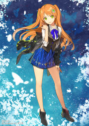 Rule 34 | 1girl, amiami (company), amico, bare legs, black footwear, black jacket, black vest, blue skirt, butter, collared shirt, flower, food, full body, ginka sima, green eyes, hair ornament, highres, jacket, long hair, long sleeves, looking at viewer, off shoulder, official art, open clothes, open jacket, orange hair, shirt, skirt, smile, solo, standing, two side up, very long hair, vest, white shirt