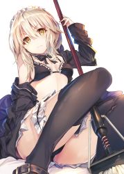 Rule 34 | 1girl, artoria pendragon (all), artoria pendragon (alter swimsuit rider) (second ascension) (fate), artoria pendragon (fate), belt, bikini, black bikini, black bow, black bowtie, black thighhighs, blonde hair, bow, bowtie, breasts, detached sleeves, fal maro, fate/stay night, fate (series), hair between eyes, halterneck, highres, long hair, looking at viewer, maid, maid bikini, maid headdress, mop, saber alter, simple background, sitting, small breasts, solo, swimsuit, thighhighs, unconventional maid, white background, yellow eyes