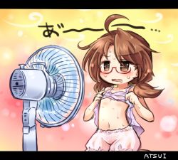 Rule 34 | 1girl, ahoge, bloomers, brown eyes, brown hair, clothes lift, electric fan, fanning self, flat chest, glasses, hot, letterboxed, lifted by self, long hair, low twintails, lowres, navel, pote (ptkan), red-framed eyewear, saliva, semi-rimless eyewear, sitting, solo, stomach, sweat, touhou, twintails, under-rim eyewear, underwear, usami sumireko, wavy hair