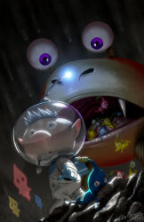 Rule 34 | :o, alph (pikmin), backpack, bag, big nose, blue bag, blue eyes, blue gloves, blue hair, blue pikmin, bud, bulborb, cave, eating, falling, fang, ghost, gloves, helmet, highres, leaf, looking at another, looking at viewer, lying, nintendo, nostrils, on stomach, open mouth, pikmin (series), pointy ears, radio antenna, reaching, reaching towards viewer, red pikmin, rock, short hair, space helmet, spacesuit, ted graves, underground, whistle, wide-eyed, yellow pikmin