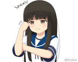 Rule 34 | &gt;:), 1girl, blue sailor collar, blush, bras d&#039;honneur, brown eyes, brown hair, closed mouth, commentary request, hatsuyuki (kancolle), kantai collection, long hair, mitya, sailor collar, school uniform, serafuku, shirt, short sleeves, simple background, smile, solo, translation request, twitter username, upper body, v-shaped eyebrows, white background, white shirt