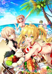 Rule 34 | &gt;:d, 1boy, 4girls, :d, ^ ^, arm up, artoria pendragon (all), artoria pendragon (alter swimsuit rider) (fate), artoria pendragon (alter swimsuit rider) (first ascension) (fate), artoria pendragon (fate), ass, bad id, bad pixiv id, barefoot, bent over, bikini, black one-piece swimsuit, black ribbon, blonde hair, blue sky, blurry, braid, breasts, breasts apart, brown hair, bucket, butter knife, casual one-piece swimsuit, center opening, cherry, cleavage, cleavage cutout, closed eyes, clothing cutout, cloud, coconut tree, cream, criss-cross halter, day, depth of field, diving mask, diving mask on head, eating, excalibur morgan (fate), fang, fate/grand order, fate (series), fishing rod, food, fork, french braid, fruit, fujimaru ritsuka (female), fujimaru ritsuka (female) (brilliant summer), fujimaru ritsuka (male), fujimaru ritsuka (male) (brilliant summer), giving, goggles, goggles on head, green eyes, hair bun, hair over one eye, hair ribbon, halterneck, holding, holding bucket, holding food, holding spoon, horizon, ice cream, inflatable toy, innertube, kiwi (fruit), large breasts, leg up, lemon, lemon slice, lens flare, lobster, long hair, looking at viewer, mash kyrielight, mash kyrielight (swimsuit of perpetual summer), meat, medium breasts, multiple girls, nero claudius (fate), nero claudius (fate) (all), nero claudius (swimsuit caster) (fate), o-ring, o-ring bikini, ocean, octopus, official alternate costume, one-piece swimsuit, open mouth, orange hair, outdoors, outstretched arm, palm tree, plate, purple hair, revision, ribbon, saber alter, short hair, side ponytail, single hair bun, sitting, sky, smile, snorkel, sparkle, spoon, standing, standing on one leg, striped bikini, striped clothes, summer, sunlight, swim ring, swimsuit, table, tree, twintails, twitter username, uchuu gorira, utensil in mouth, v-shaped eyebrows, water, yellow eyes