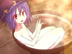 Rule 34 | 1girl, :d, bowl, breasts, flat chest, in bowl, in container, kuresento, looking at viewer, no nipples, nude, object on head, open mouth, purple hair, red eyes, short hair, sitting, smile, solo, steepled fingers, sukuna shinmyoumaru, touhou, wet