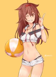 Rule 34 | 1girl, ;d, ahoge, alternate costume, ball, bare shoulders, beachball, bikini, bikini bottom only, bikini under clothes, black bikini, blush, breasts, brown eyes, brown hair, cleavage, collarbone, cowboy shot, dan (kumadan), drawstring, grin, hair between eyes, hairband, holding, holding ball, index finger raised, kantai collection, long hair, looking at viewer, messy hair, navel, off shoulder, one eye closed, open clothes, open fly, open mouth, open shorts, orange background, red hairband, remodel (kantai collection), shiratsuyu (kancolle), short shorts, short sleeves, shorts, simple background, small breasts, smile, solo, stomach, sweatband, swimsuit, teeth, twitter username, whistle, whistle around neck, zipper, zipper pull tab