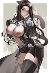 Rule 34 | 1girl, animal ears, armor, warrior of light (ff14), black dress, black gloves, black hair, black tail, black thighhighs, blue eyes, border, breasts, breasts out, cat ears, cat girl, cat tail, cleavage, commentary, covered eyes, cowboy shot, dress, earrings, elbow gloves, english commentary, faulds, final fantasy, final fantasy xiv, gloves, highres, jewelry, large breasts, long hair, looking at viewer, meowrim, miqo&#039;te, navel, nipples, outside border, parted lips, shoulder armor, silver trim, solo, tail, teeth, thighhighs, white border