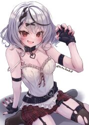 Rule 34 | 1girl, absurdres, animal collar, arm strap, arm support, bare shoulders, black gloves, black hair, black thighhighs, breasts, camisole, claw pose, collar, fang, fingerless gloves, frilled camisole, frills, gloves, grey hair, hair ornament, highres, hololive, looking at viewer, medium breasts, medium hair, mihaeru, miniskirt, multicolored hair, o-ring, o-ring legwear, open mouth, red eyes, red gloves, red nails, sakamata chloe, sitting, skin fang, skirt, solo, spaghetti strap, strap slip, streaked hair, thighhighs, torn clothes, torn thighhighs, v-shaped eyebrows, virtual youtuber, wariza, white camisole, x hair ornament