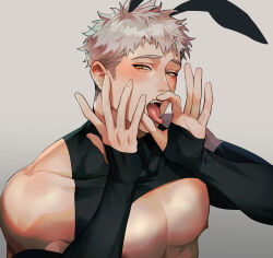 Rule 34 | 1boy, animal ears, bara, bare pectorals, black tank top, blush, chengzhineixihuanxiaogou, clothes lift, detached sleeves, fellatio, grey background, grey hair, highres, large pectorals, looking at viewer, male focus, male playboy bunny, muscular, muscular male, nipples, open mouth, oral, original, pectorals, piercing, rabbit boy, rabbit ears, sexually suggestive, short hair, simple background, simulated fellatio, solo, tank top, tongue, tongue out, tongue piercing