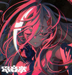 Rule 34 | 1girl, album cover, black background, closed eyes, cover, denonbu, floating hair, hair between eyes, hair ornament, hairclip, highres, houou karin, limited palette, long hair, mika pikazo, official art, portrait, red hair, red theme, solo, very long hair