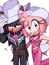 Rule 34 | 1boy, 1girl, amy rose, animal ears, barbie (character), barbie (character) (cosplay), barbie (franchise), barbie (live action), belt, black fur, black pants, breasts, brown belt, cleavage, cosplay, cowboy hat, furry, furry female, furry male, gloves, green eyes, grin, hand around waist, hand on headwear, hand on own hip, hat, heart, highres, ken (barbie), ken (barbie) (cosplay), kumo zd, looking at viewer, neckerchief, pants, pink fur, pink neckerchief, pink pants, pink shirt, red eyes, shadow the hedgehog, shirt, simple background, sleeveless, sleeveless shirt, smile, sonic (series), teeth, white background, white gloves, white headwear