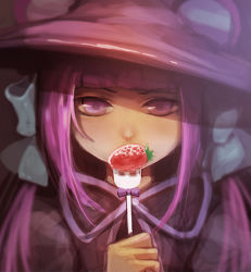 Rule 34 | 1girl, blunt bangs, covered mouth, food, fork, fruit, hand up, hat, holding, looking at viewer, original, purple eyes, purple hair, purple hat, sibyl, solo, strawberry