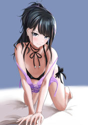 Rule 34 | 1girl, all fours, bikini, black bikini, black hair, black ribbon, blush, breasts, closed mouth, collarbone, grey eyes, highres, idolmaster, idolmaster shiny colors, kazano hiori, legs, long hair, looking at viewer, neck ribbon, one-piece swimsuit, ponytail, purple one-piece swimsuit, ribbon, schreibe shura, simple background, small breasts, solo, swept bangs, swimsuit, thighs