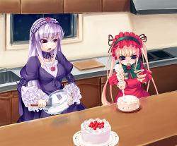 Rule 34 | 00s, asa (swallowtail), blonde hair, blue eyes, bonnet, cake, cooking, dress, drill hair, food, frills, hairband, long hair, pastry, red eyes, rozen maiden, shinku, silver hair, suigintou, twintails