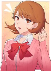 Rule 34 | 1girl, border, bow, bowtie, breasts, brown hair, choker, collar, collared shirt, commentary, earrings, edmonmondo, english commentary, highres, jewelry, looking at viewer, open mouth, parted bangs, persona, persona 3, pink shirt, red bow, red bowtie, shirt, short hair, small breasts, solo, swept bangs, takeba yukari, teeth, upper body, upper teeth only, white border, white choker, white collar, yellow background