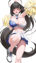 Rule 34 | 1girl, absurdres, armpits, black hair, blue archive, blunt bangs, blush, breasts, cheering, cheerleader, crop top, facial mark, hair ornament, hairclip, halo, highres, holding, holding pom poms, huge breasts, long hair, looking at viewer, midriff, millennium cheerleader outfit (blue archive), navel, open mouth, panties, panty peek, pom pom (cheerleading), pom poms, red eyes, rio (blue archive), rkin, shoes, skirt, sneakers, solo, star (symbol), star facial mark, star sticker, star tattoo, sticker on face, stomach, sweat, tattoo, text print, thighs, two-tone skirt, underwear, very long hair, white background, white skirt