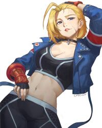 Rule 34 | 1girl, blonde hair, blue eyes, breasts, cammy white, cleavage, collared jacket, crop top, emknov, fingerless gloves, gloves, hand on own head, highres, jacket, large breasts, lips, long sleeves, pants, short hair, street fighter, street fighter 6