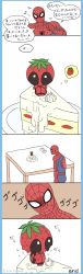 Rule 34 | 2boys, bad id, bad pixiv id, bodysuit, cake, chibi, chiemi (chi222xxx), comic, deadpool, deadpool (series), food, fruit, highres, male focus, marvel, multiple boys, musical note, note, quaver, sitting, spider-man, spider-man (series), strawberry, superhero costume, sweat, table, thought bubble, translated, twitter username