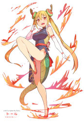 Rule 34 | 10s, 1girl, adapted costume, alternate costume, ass, bare shoulders, blonde hair, breasts, character doll, character name, china dress, chinese clothes, cloba (daeniel811015), copyright name, dated, dragon girl, dragon tail, dress, fire, flats, full body, gloves, highres, horns, kobayashi-san chi no maidragon, kobayashi (maidragon), large tail, long hair, looking at viewer, maid headdress, medium breasts, open mouth, panties, pantyshot, red eyes, red footwear, red panties, sash, shoes, side-tie panties, solo, stance, standing, standing on one leg, tail, tiptoes, tohru (maidragon), twintails, underwear, white gloves