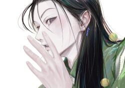 Rule 34 | 1boy, black hair, eyelashes, fingernails, from side, grey eyes, hair behind ear, hair between eyes, hair over shoulder, hand up, hashtag-only commentary, highres, hunter x hunter, illumi zoldyck, long hair, looking at viewer, male focus, nwocp, parted lips, ringed eyes, short hair, sideways glance, simple background, solo, white background