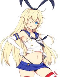 Rule 34 | 10s, 1girl, :p, ;p, black panties, blackwatchar, blonde hair, blue eyes, blue skirt, elbow gloves, flat chest, gloves, hairband, highres, kantai collection, long hair, looking at viewer, microskirt, midriff, navel, one eye closed, panties, shimakaze (kancolle), signature, simple background, skirt, solo, striped clothes, striped thighhighs, thighhighs, tongue, tongue out, underwear, wedgie, white background, white gloves
