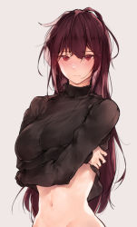 Rule 34 | 1girl, bad id, bad pixiv id, black sweater, blush, bottomless, breasts, closed mouth, clothes lift, commentary request, crossed arms, fate/grand order, fate (series), grey background, groin, highres, hplay, large breasts, lifted by self, long hair, long sleeves, looking at viewer, messy hair, navel, out-of-frame censoring, purple hair, red eyes, scathach (fate), simple background, solo, sweater, sweater lift, turtleneck, turtleneck sweater, very long hair