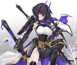 Rule 34 | 1girl, :&lt;, absurdres, aether gazer, armor, black bodysuit, black hair, bodysuit, breasts, cape, chinese commentary, coattails, cowboy shot, dot nose, dual wielding, gold trim, gradient background, hair between eyes, hair ornament, highres, holding, holding sword, holding weapon, horns, katana, knees up, long bangs, long hair, mechanical arms, multiple weapons, purple eyes, sash, shirt, shoulder armor, simple background, solo, sword, taut clothes, taut shirt, thighs, tsukuyomi (aether gazer), v-shaped eyebrows, weapon, weapon on back, white background, zeroblood