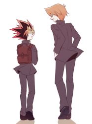 Rule 34 | 2boys, backpack, bag, blonde hair, commentary request, facing another, facing away, facing to the side, from behind, jacket, jonouchi katsuya, male focus, multicolored hair, multiple boys, nemu mohu, open mouth, pants, profile, red hair, shoes, simple background, smile, spiked hair, teeth, white background, yu-gi-oh!, yu-gi-oh! duel monsters