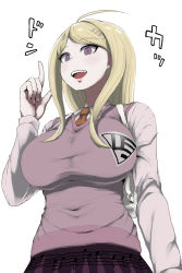 Rule 34 | 1girl, ahoge, akamatsu kaede, blonde hair, danganronpa (series), fortissimo, gorgonzola (paradisegom), hair ornament, highres, long hair, long sleeves, looking at viewer, musical note, musical note hair ornament, necktie, open mouth, pink eyes, pink vest, shirt, simple background, skirt, smile, solo, sweater vest, teeth, vest, white background, white shirt