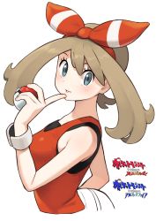 Rule 34 | 1girl, black undershirt, blue eyes, blush, bow, brown hair, copyright name, creatures (company), cropped torso, game freak, hair bow, hand up, highres, holding, holding poke ball, index finger raised, long hair, looking at viewer, may (pokemon), nintendo, omaru gyuunyuu, parted lips, poke ball, poke ball (basic), pokemon, pokemon oras, red bow, red tank top, simple background, solo, striped, striped bow, tank top, undershirt, upper body, white background, wristband