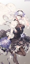 Rule 34 | 1girl, absurdres, android, black dress, black hairband, black ribbon, black thighhighs, blindfold, blue eyes, bouquet, breasts, bridal veil, cleavage, collarbone, dress, floral print, flower, garter straps, hair flower, hair ornament, hairband, highres, holding, holding bouquet, juliet sleeves, lily (flower), long sleeves, medium breasts, mole, mole under mouth, neck ribbon, nier (series), nier:automata, open mouth, puffy sleeves, ribbon, short hair, silver hair, solo, standing, standing on one leg, thighhighs, veil, water0889, 2b (nier:automata)
