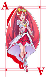 Rule 34 | 1girl, absurdres, ace (playing card), blush, card, cure ace, dokidoki! precure, dress, hair ornament, highres, long hair, madoka aguri, one eye closed, open mouth, playing card, ponytail, precure, red eyes, red hair, smile, solo, wink