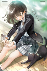 Rule 34 | 1girl, :o, black cat, black jacket, blazer, blurry, blurry background, blush, bob cut, brown hair, cat, closed eyes, collared shirt, colored inner hair, commentary request, ear ornament, earbuds, earphones, earrings, green hair, grey skirt, grey socks, hands on ground, highres, jacket, jewelry, juice box, leaf, leaning forward, multicolored hair, on floor, open clothes, open jacket, open mouth, original, own hands together, pleated skirt, school uniform, shirt, short hair, single tear, sitting, skirt, socks, solo, stretching, stud earrings, tearing up, thighs, viewfinder, whiskers, white shirt, yawning, yukimaru nun