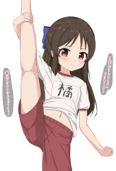 Rule 34 | 1girl, arm support, blue bow, blush, bow, breasts, brown eyes, brown hair, closed mouth, commentary request, frown, gym shirt, gym shorts, hair bow, highres, idolmaster, idolmaster cinderella girls, leg hold, long hair, looking at viewer, name tag, navel, puffy short sleeves, puffy sleeves, red shorts, shirt, short sleeves, shorts, simple background, small breasts, solo, split, split mouth, standing, standing on one leg, standing split, t-shirt, tachibana arisu, takasuma hiro, translation request, variant set, white background, white shirt