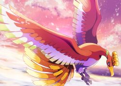 Rule 34 | animal focus, bird, commentary request, creatures (company), flying, game freak, gen 2 pokemon, highres, ho-oh, kechon-san, legendary pokemon, looking down, nintendo, no humans, outdoors, pokemon, pokemon (creature), red eyes, solo, talons